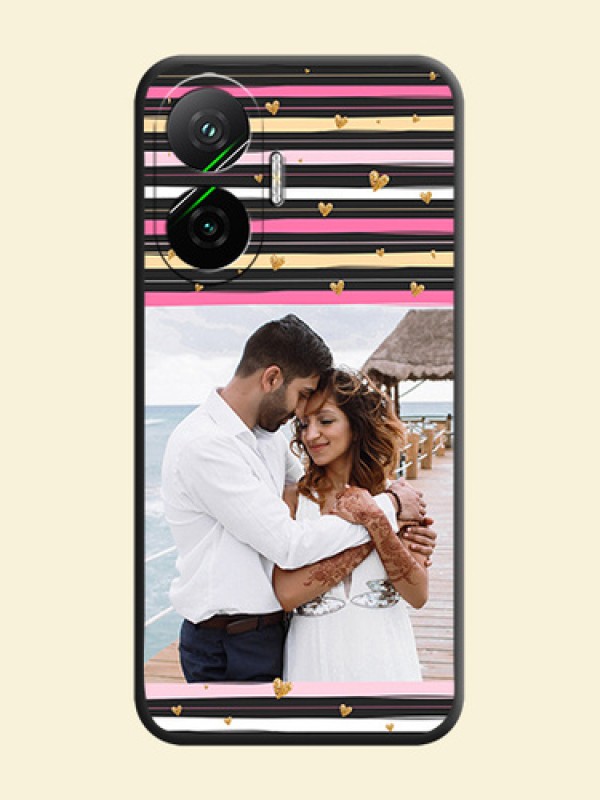 Multicolor Lines and Golden Love Symbols Design on Photo On Space Black Custom Soft Matte Mobile Back Cover - Poco F7 5G