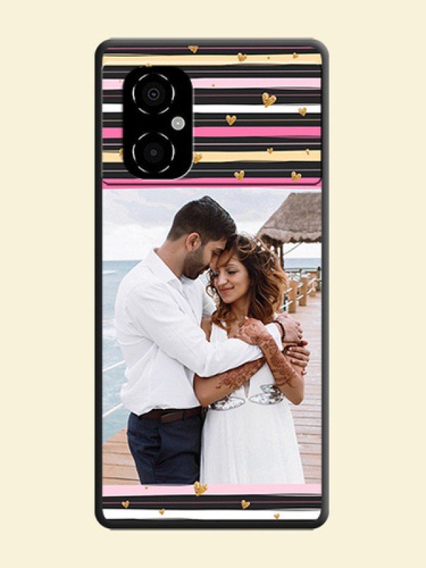 Multicolor Lines and Golden Love Symbols Design on Photo on Space Black Soft Matte Mobile Cover - Poco M4 5G