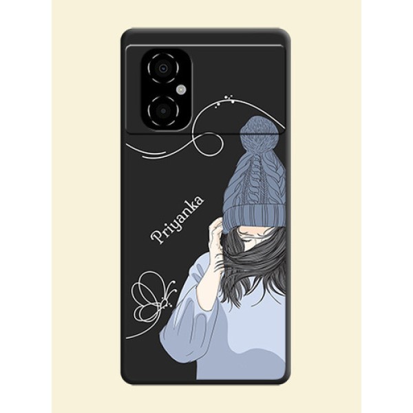 Girl With Blue Winter Outfiit Custom Text Design On Space Black Personalized Soft Matte Phone Covers -Poco M4 5G Girl With Blue Winter Outfiit Custom Text Design On Space Black Personalized Soft Matte Phone Covers -Poco M4 5G