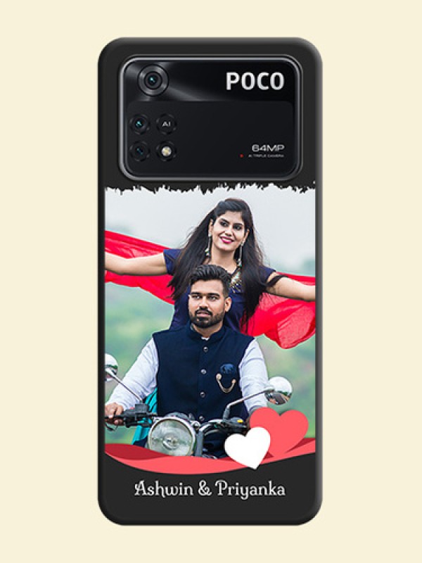 Pin Color Love Shaped Ribbon Design with Text on Space Black Custom Soft Matte Phone Back Cover - Poco M4 Pro 4G