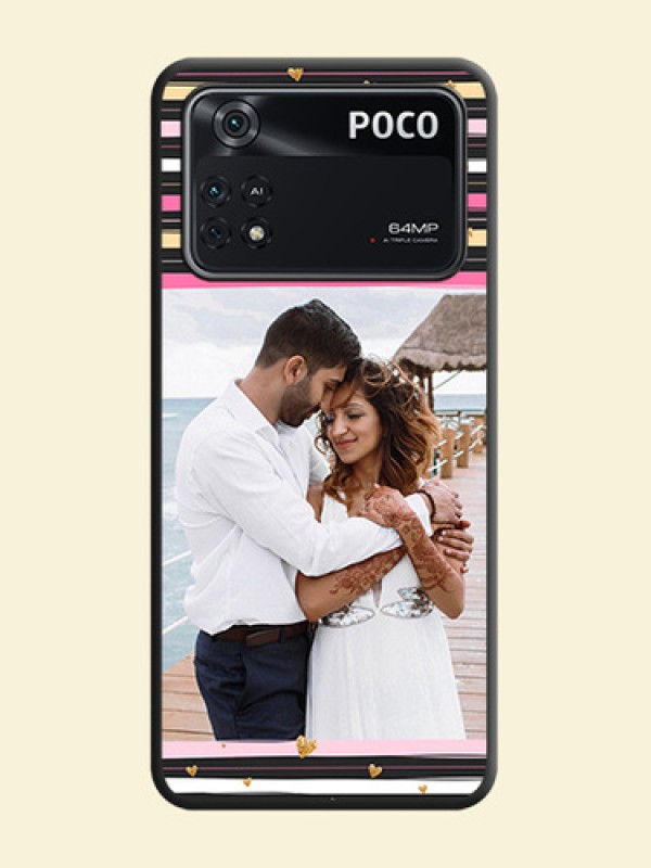 Multicolor Lines and Golden Love Symbols Design on Photo on Space Black Soft Matte Mobile Cover - Poco M4 Pro 4G
