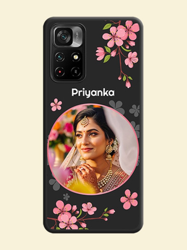 Round Image with Pink Color Floral Design on Photo on Space Black Soft Matte Back Cover - Poco M4 Pro 5G