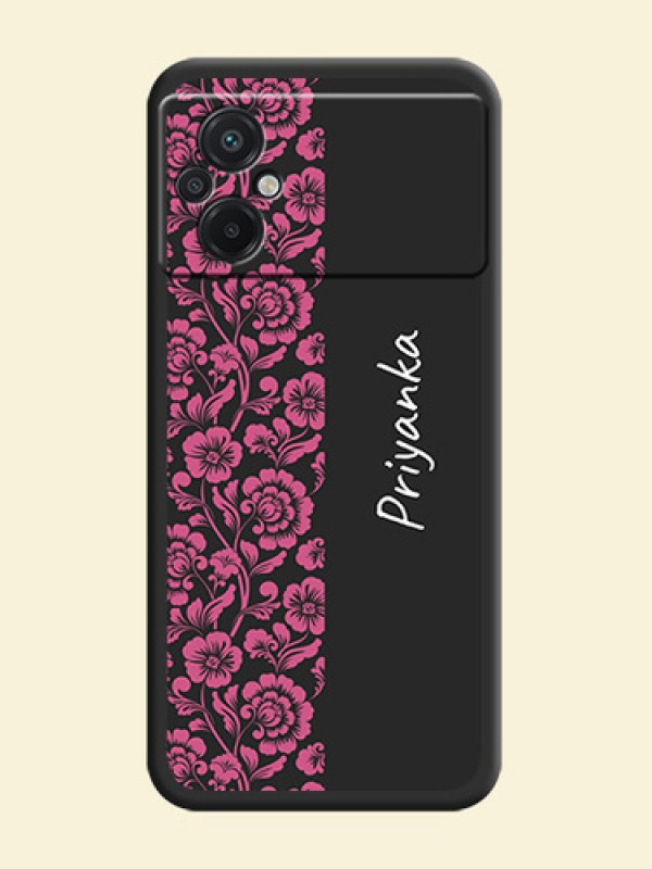 Pink Floral Pattern Design With Custom Text On Space Black Personalized Soft Matte Phone Covers -Poco M5