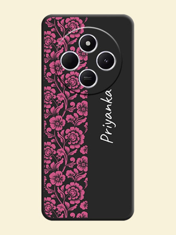 Pink Floral Pattern Design With Custom Text On Space Black Custom Soft Matte Mobile Back Cover - Poco M7 5G