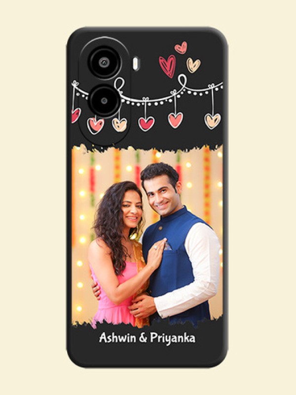 Pink Love Hangings with Name On Space Black Custom Soft Matte Mobile Back Cover - Poco M7 Plus 5G