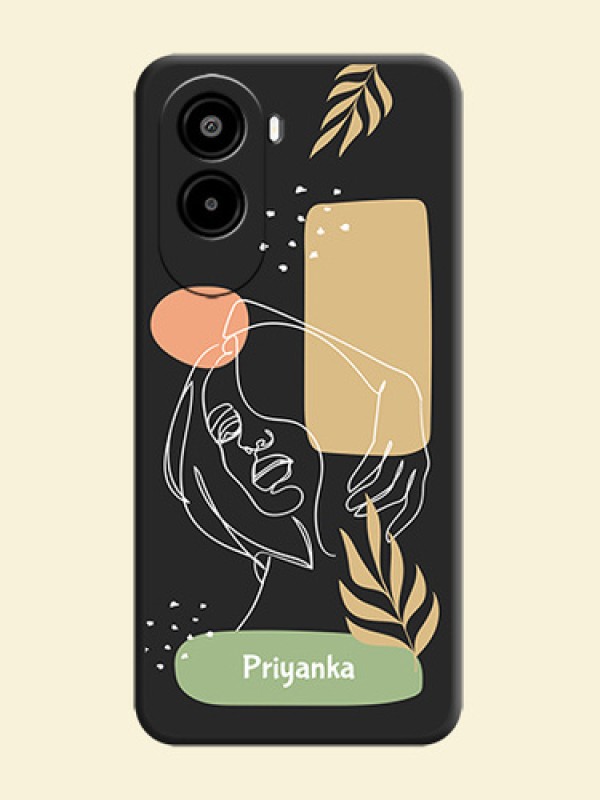 Custom Text With Line Art Of Women & Leaves Design On Space Black Custom Soft Matte Mobile Back Cover - Poco M7 Plus 5G