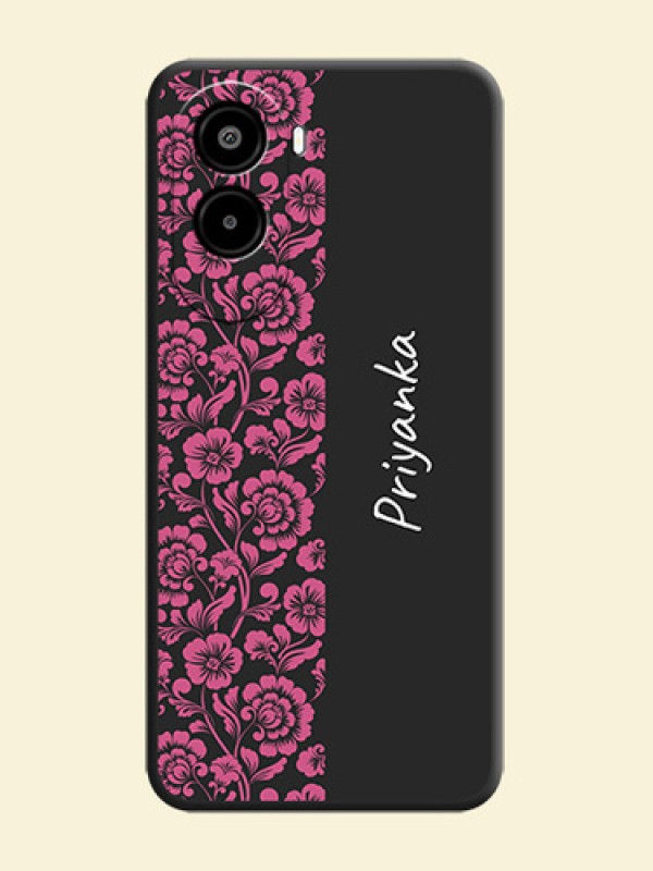 Pink Floral Pattern Design With Custom Text On Space Black Custom Soft Matte Mobile Back Cover - Poco M7 Plus 5G