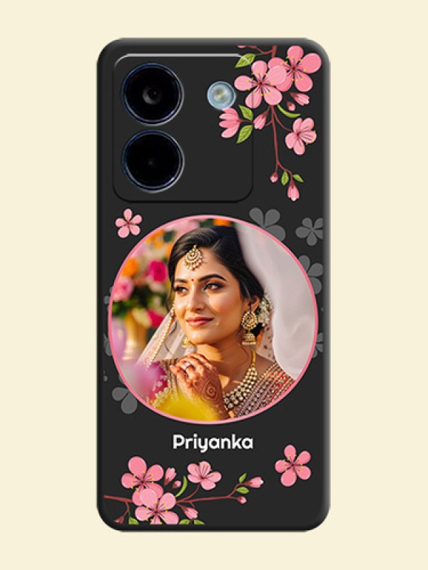 Round Image with Pink Color Floral Design on Photo On Space Black Custom Soft Matte Mobile Back Cover - Poco M7 Pro 5G