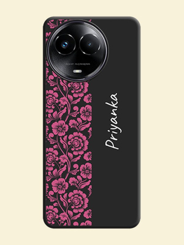 Pink Floral Pattern Design With Custom Text On Space Black Custom Soft Matte Mobile Back Cover - Realme 11 5G