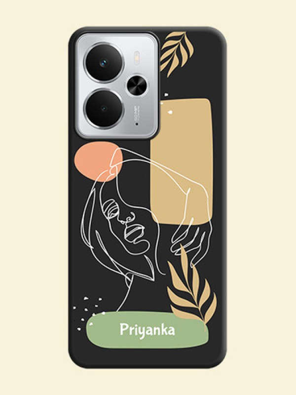 Custom Text With Line Art Of Women & Leaves Design On Space Black Custom Soft Matte Mobile Back Cover - Realme 14 5G