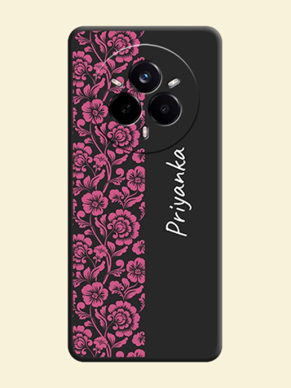 Pink Floral Pattern Design With Custom Text On Space Black Custom Soft Matte Mobile Back Cover - Realme 14 Pro 5G
