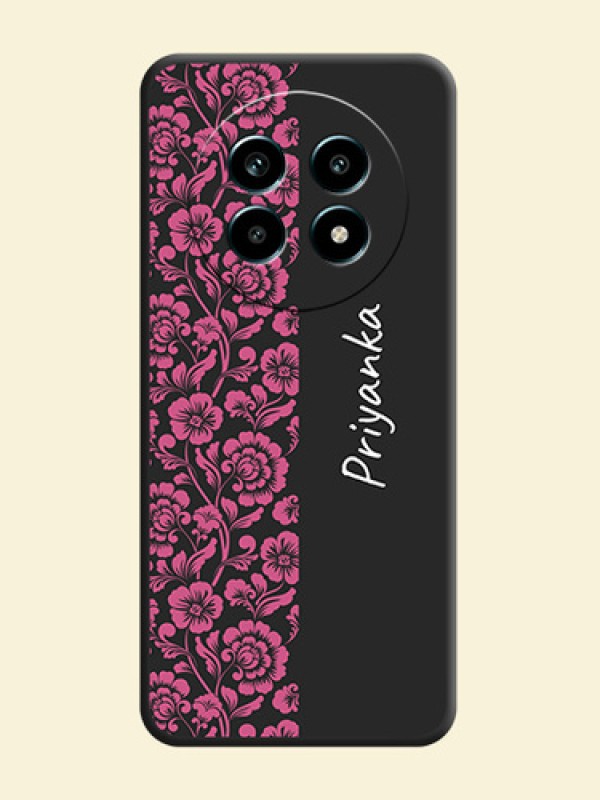 Pink Floral Pattern Design With Custom Text On Space Black Custom Soft Matte Mobile Back Cover - Realme 14 Pro Lite 5G