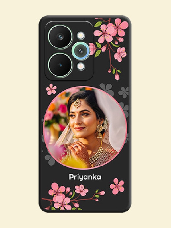 Round Image with Pink Color Floral Design on Photo On Space Black Custom Soft Matte Mobile Back Cover - Realme 15 5G