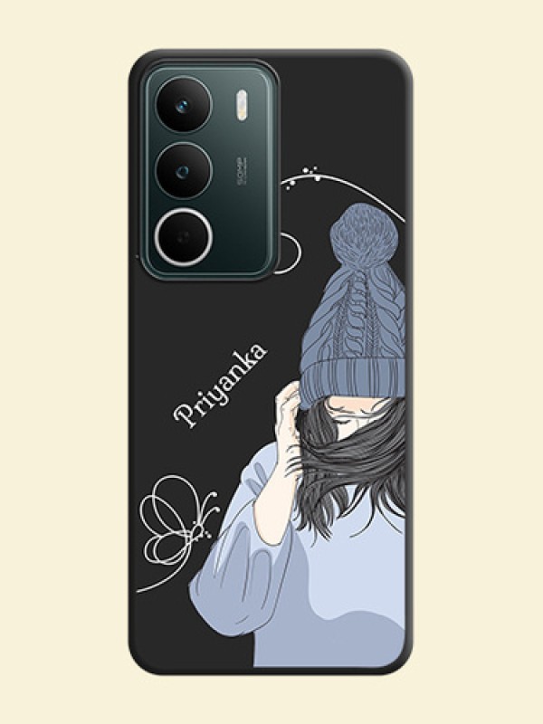 Girl With Blue Winter Outfiit Custom Text Design On Space Black Custom Soft Matte Mobile Back Cover - Realme C73 5G