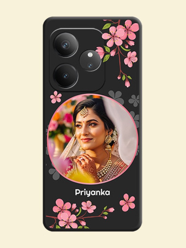 Round Image with Pink Color Floral Design on Photo On Space Black Custom Soft Matte Mobile Back Cover - Realme GT 6