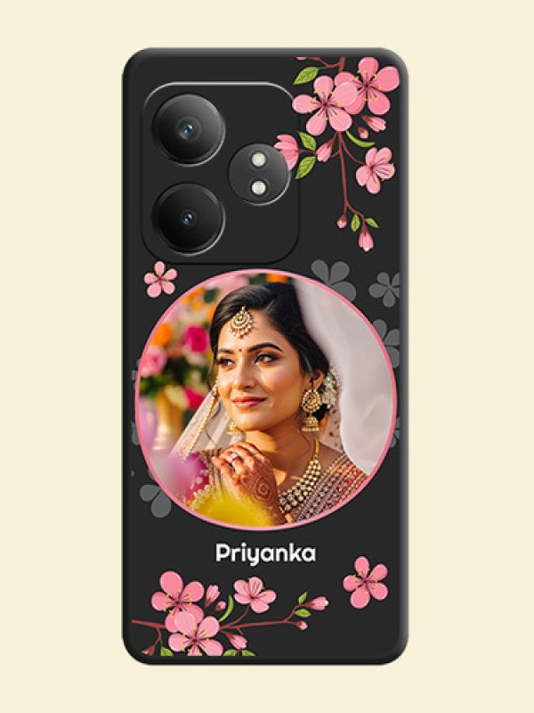 Round Image with Pink Color Floral Design on Photo On Space Black Custom Soft Matte Mobile Back Cover - Realme GT 6T 5G