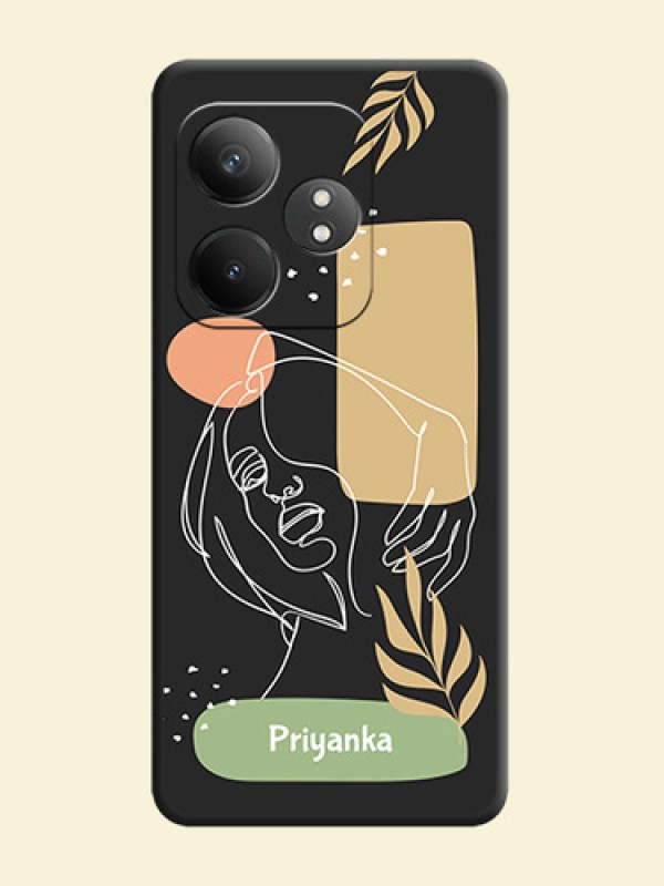 Custom Text With Line Art Of Women & Leaves Design On Space Black Custom Soft Matte Mobile Back Cover - Realme GT 6T 5G