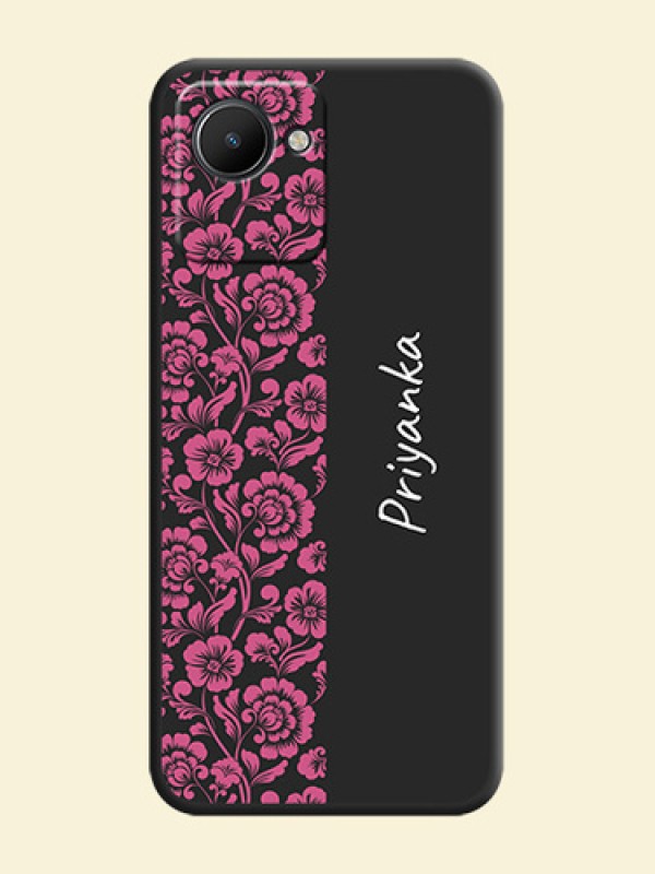 Pink Floral Pattern Design With Custom Text On Space Black Personalized Soft Matte Phone Covers -Realme Narzo 50I Prime