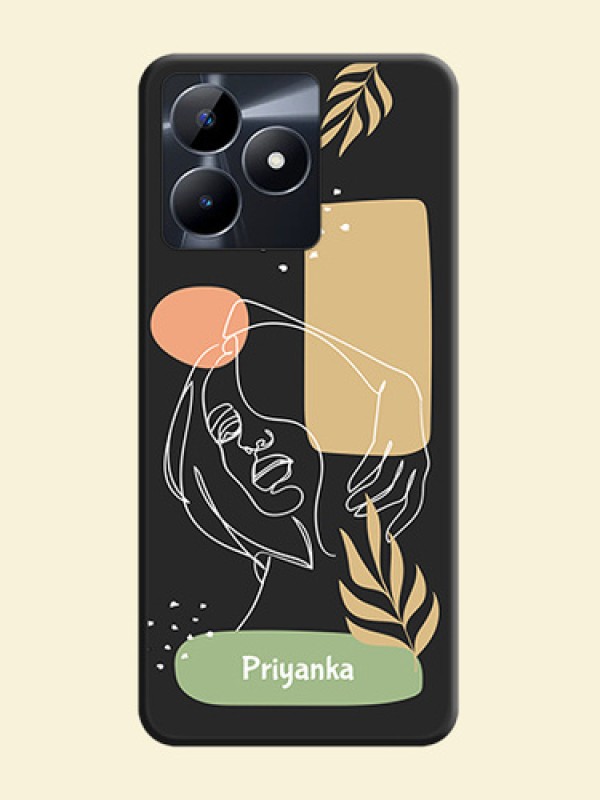 Custom Text With Line Art Of Women & Leaves Design On Space Black Personalized Soft Matte Phone Covers - Realme Narzo N53
