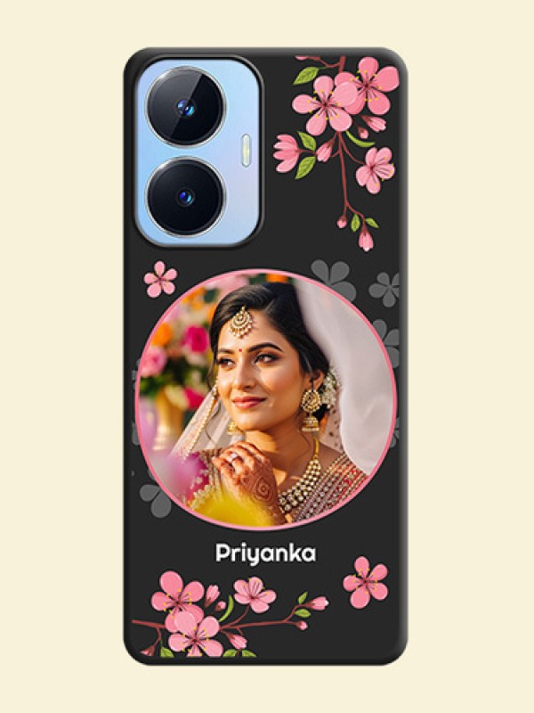 Round Image with Pink Color Floral Design on Photo on Space Black Soft Matte Back Cover - Realme Narzo N55