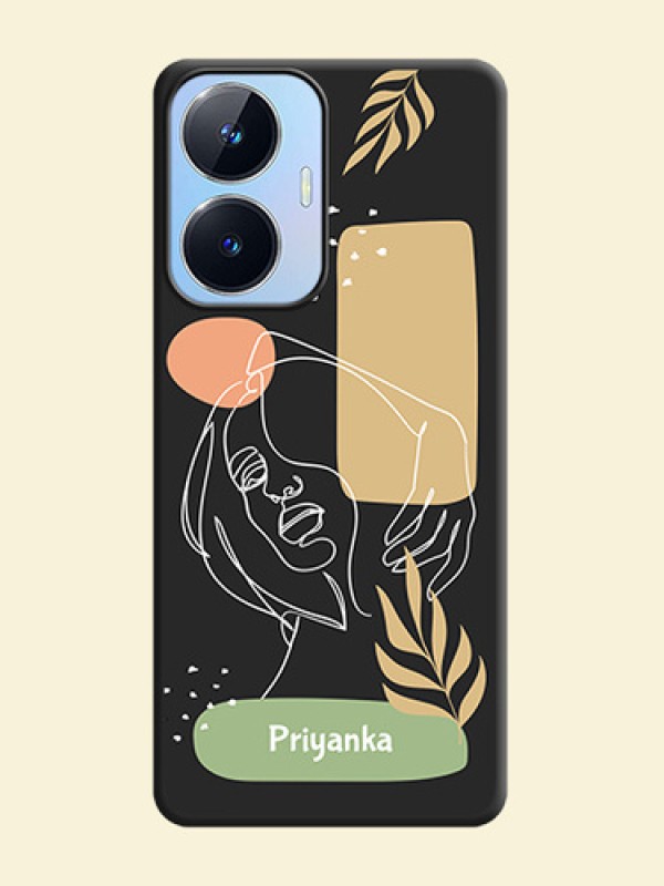 Custom Text With Line Art Of Women & Leaves Design On Space Black Personalized Soft Matte Phone Covers -Realme Narzo N55