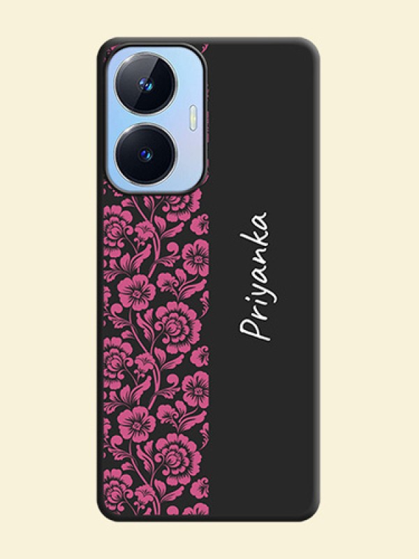Pink Floral Pattern Design With Custom Text On Space Black Personalized Soft Matte Phone Covers -Realme Narzo N55