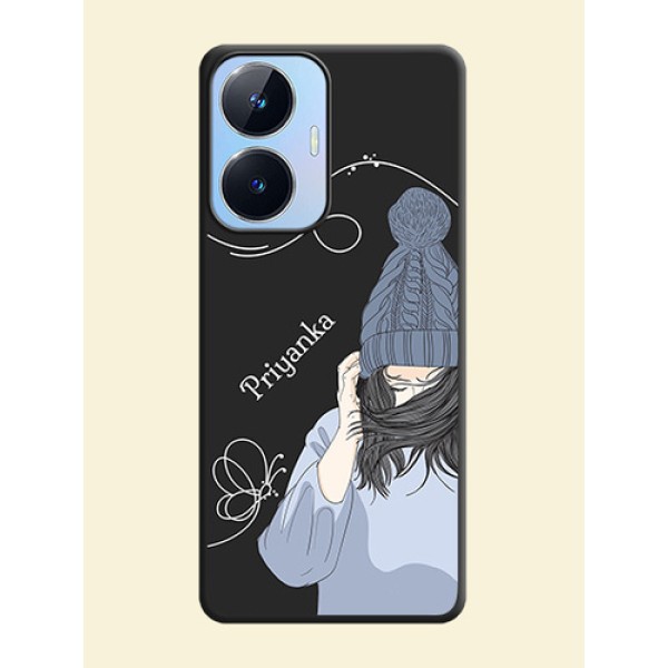 Girl With Blue Winter Outfiit Custom Text Design On Space Black Personalized Soft Matte Phone Covers -Realme Narzo N55 Girl With Blue Winter Outfiit Custom Text Design On Space Black Personalized Soft Matte Phone Covers -Realme Narzo N55