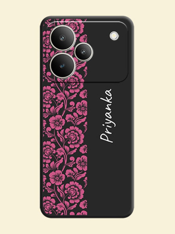 Pink Floral Pattern Design With Custom Text On Space Black Custom Soft Matte Mobile Back Cover - Realme P4 5G