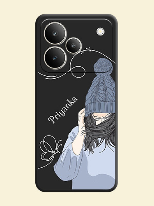 Girl With Blue Winter Outfiit Custom Text Design On Space Black Custom Soft Matte Mobile Back Cover - Realme P4 5G