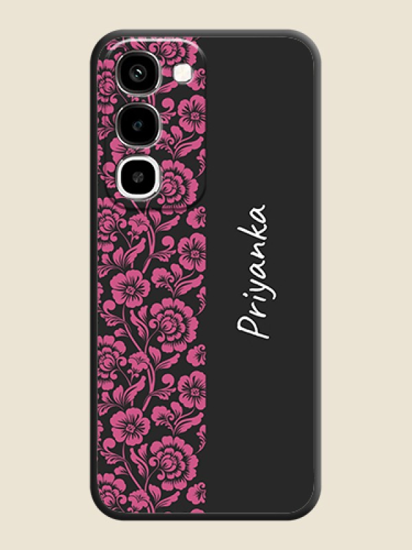 Pink Floral Pattern Design With Custom Text On Space Black Custom Soft Matte Mobile Back Cover - Realme P4R 5G