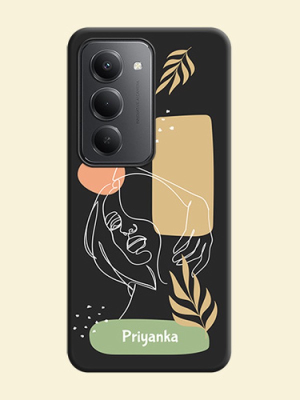 Custom Text With Line Art Of Women & Leaves Design On Space Black Custom Soft Matte Mobile Back Cover - Redmi 15 5G