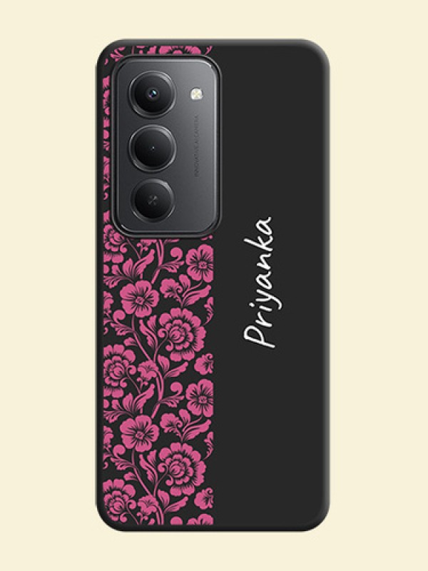 Pink Floral Pattern Design With Custom Text On Space Black Custom Soft Matte Mobile Back Cover - Redmi 15 5G