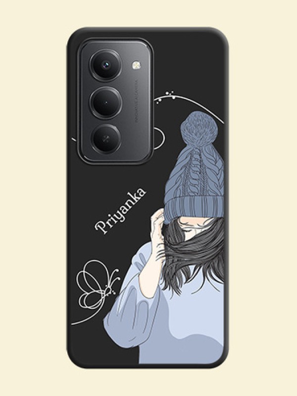 Girl With Blue Winter Outfiit Custom Text Design On Space Black Custom Soft Matte Mobile Back Cover - Redmi 15 5G