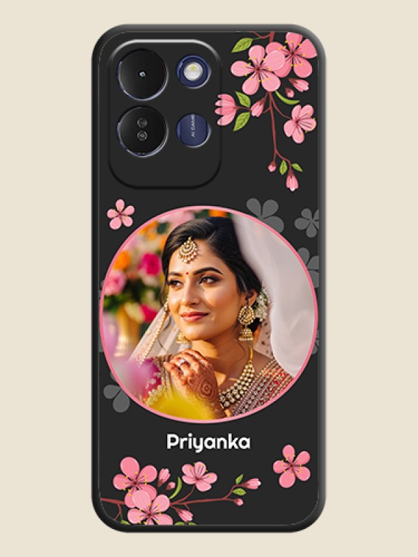 Round Image with Pink Color Floral Design on Photo On Space Black Custom Soft Matte Mobile Back Cover - Redmi 17 5G