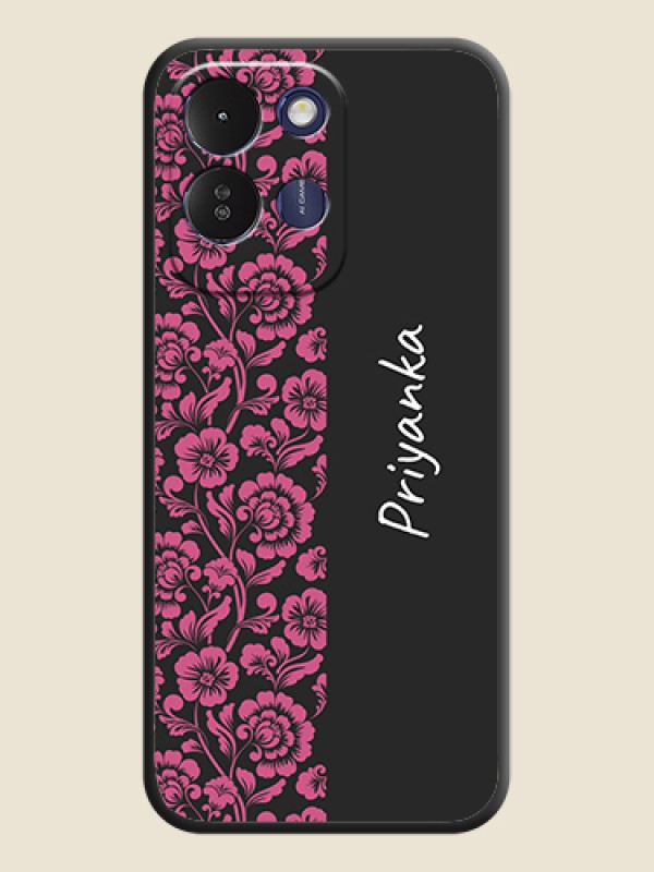 Pink Floral Pattern Design With Custom Text On Space Black Custom Soft Matte Mobile Back Cover - Redmi 17 5G