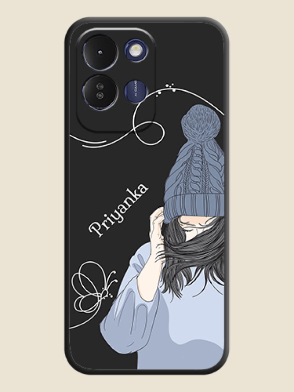 Girl With Blue Winter Outfiit Custom Text Design On Space Black Custom Soft Matte Mobile Back Cover - Redmi 17 5G