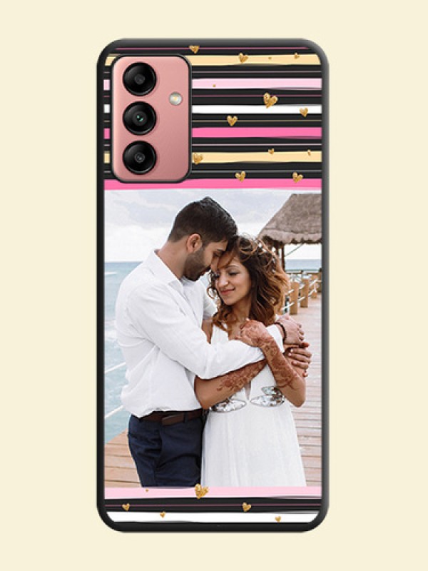 Multicolor Lines and Golden Love Symbols Design on Photo on Space Black Soft Matte Mobile Cover - Galaxy A04s