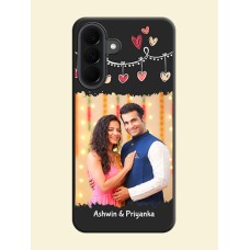 Pink Love Hangings with Name On Space Black Custom Soft Matte Mobile Back Cover - Samsung Galaxy A37 5G