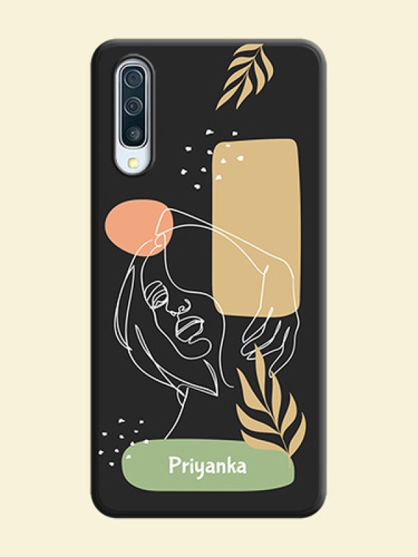 Custom Text With Line Art Of Women & Leaves Design On Space Black Personalized Soft Matte Phone Covers -Samsung Galaxy A50