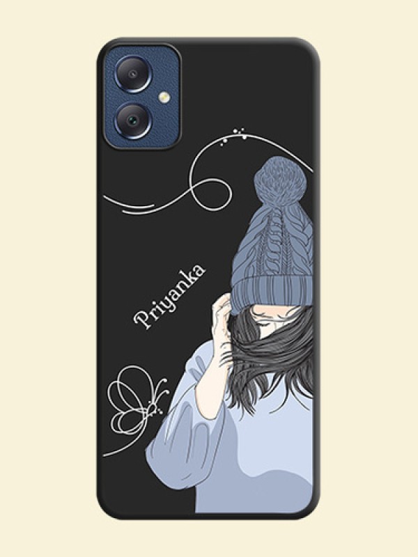 Girl With Blue Winter Outfiit Custom Text Design On Space Black Custom Soft Matte Mobile Back Cover - Galaxy F05
