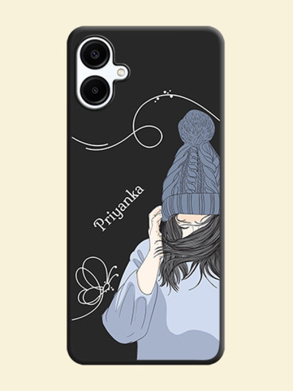 Girl With Blue Winter Outfiit Custom Text Design On Space Black Custom Soft Matte Mobile Back Cover - Galaxy F06