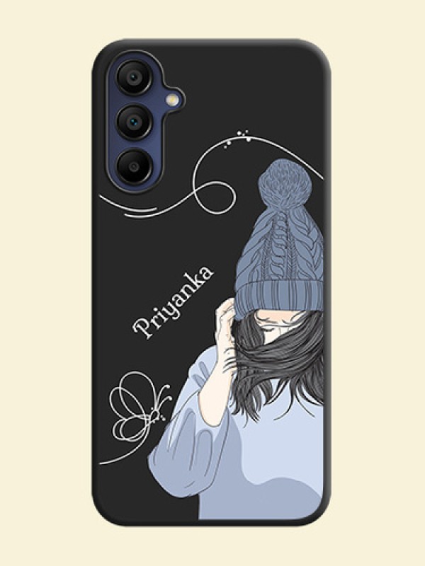 Girl With Blue Winter Outfiit Custom Text Design On Space Black Personalized Soft Matte Phone Covers - Galaxy F15 5G