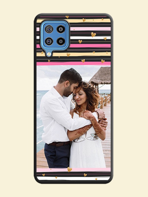 Multicolor Lines and Golden Love Symbols Design on Photo on Space Black Soft Matte Mobile Cover - Galaxy F22