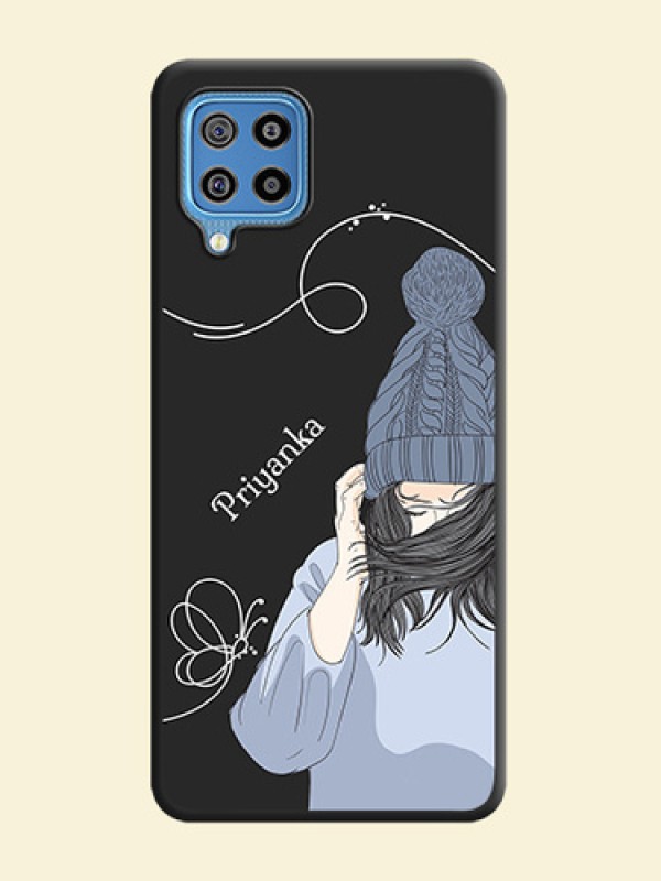 Girl With Blue Winter Outfiit Custom Text Design On Space Black Personalized Soft Matte Phone Covers -Samsung Galaxy F22