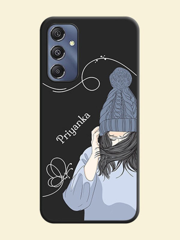 Girl With Blue Winter Outfiit Custom Text Design On Space Black Personalized Soft Matte Phone Covers - Galaxy F34 5G