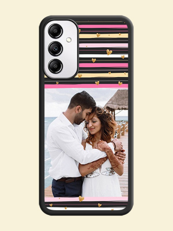 Multicolor Lines and Golden Love Symbols Design on Photo on Space Black Soft Matte Mobile Cover - Galaxy M14 5G