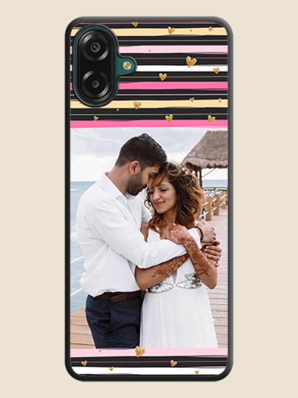 Multicolor Lines and Golden Love Symbols Design on Photo On Space Black Custom Soft Matte Mobile Back Cover - Samsung Galaxy M17e