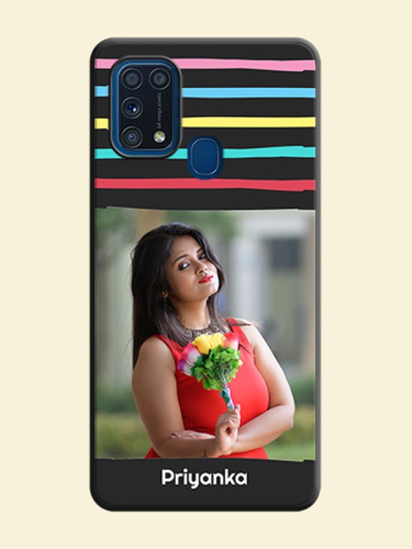 Multicolor Lines with Image on Space Black Personalized Soft Matte Phone Covers - Galaxy M31 Prime Edfition