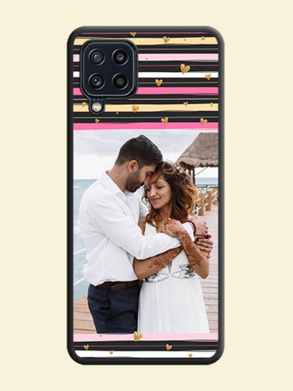 Multicolor Lines and Golden Love Symbols Design on Photo on Space Black Soft Matte Mobile Cover - Galaxy M32 4G Prime Edition