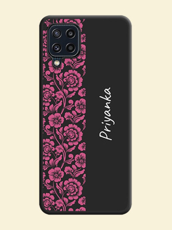 Pink Floral Pattern Design With Custom Text On Space Black Personalized Soft Matte Phone Covers -Samsung Galaxy M32 4G Prime Edition